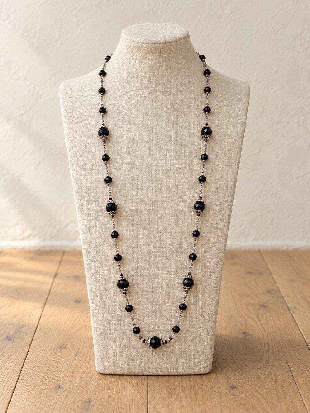 Long Black Faceted Bead Station Necklace Silver Tone 32-35 in Gothic Victorian